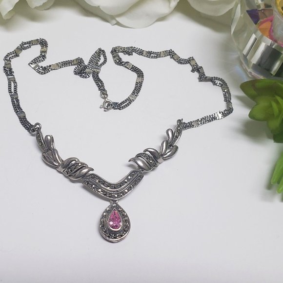 Vintage Rose Quartz Marcasite Teardrop Necklace - Picture 5 of 6